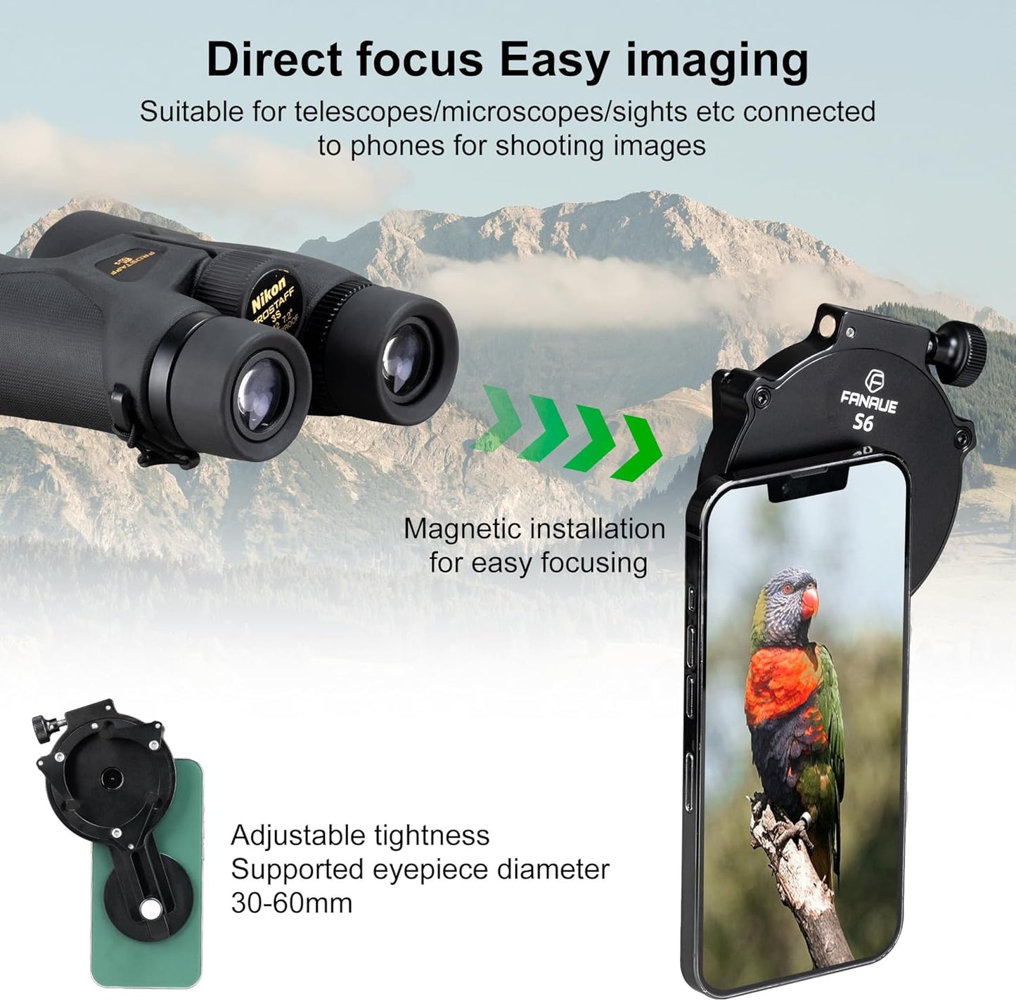 FANAUE Telescope Phone Adapter, Spotting Scope Smartphone Phone Mount for Binoculars Monocular Microscope, Magnetic Cell Phone Digiscoping Holder for Camera Photography