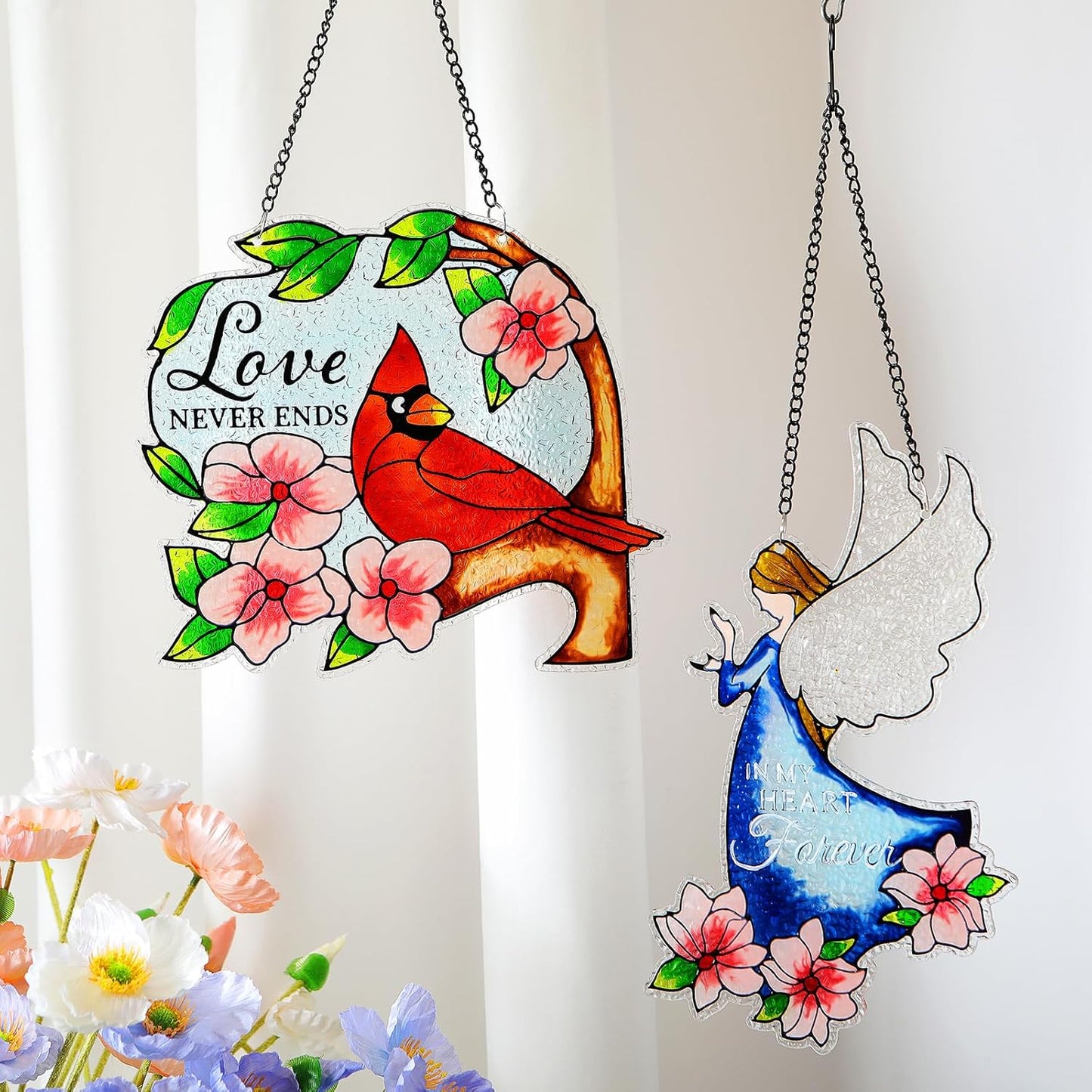 Stained Glass Window Hanging, Cardinal Birds Suncatchers Indoor Window, Sun Catchers Glass Panels Art Decor Gifts for Women