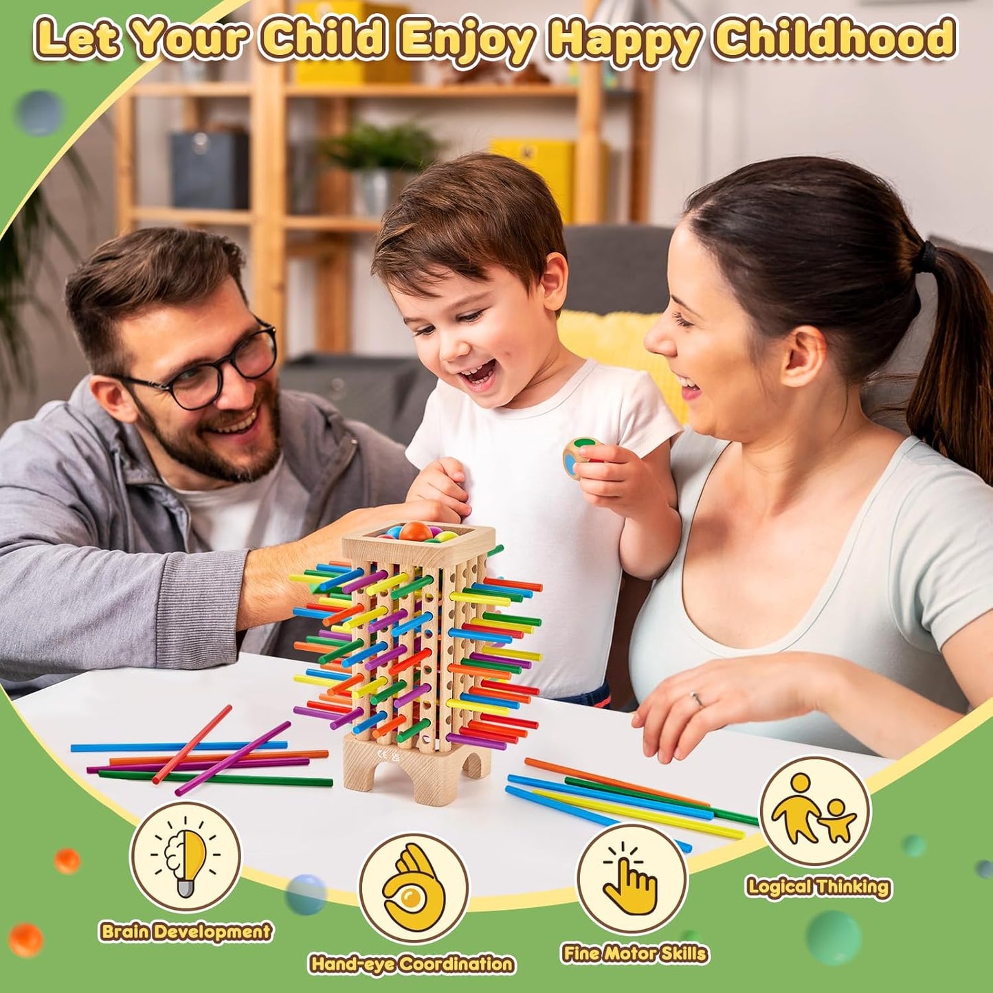 Montessori Game Wooden Board Game, 42 Colorful Wooden Sticks Dice Game