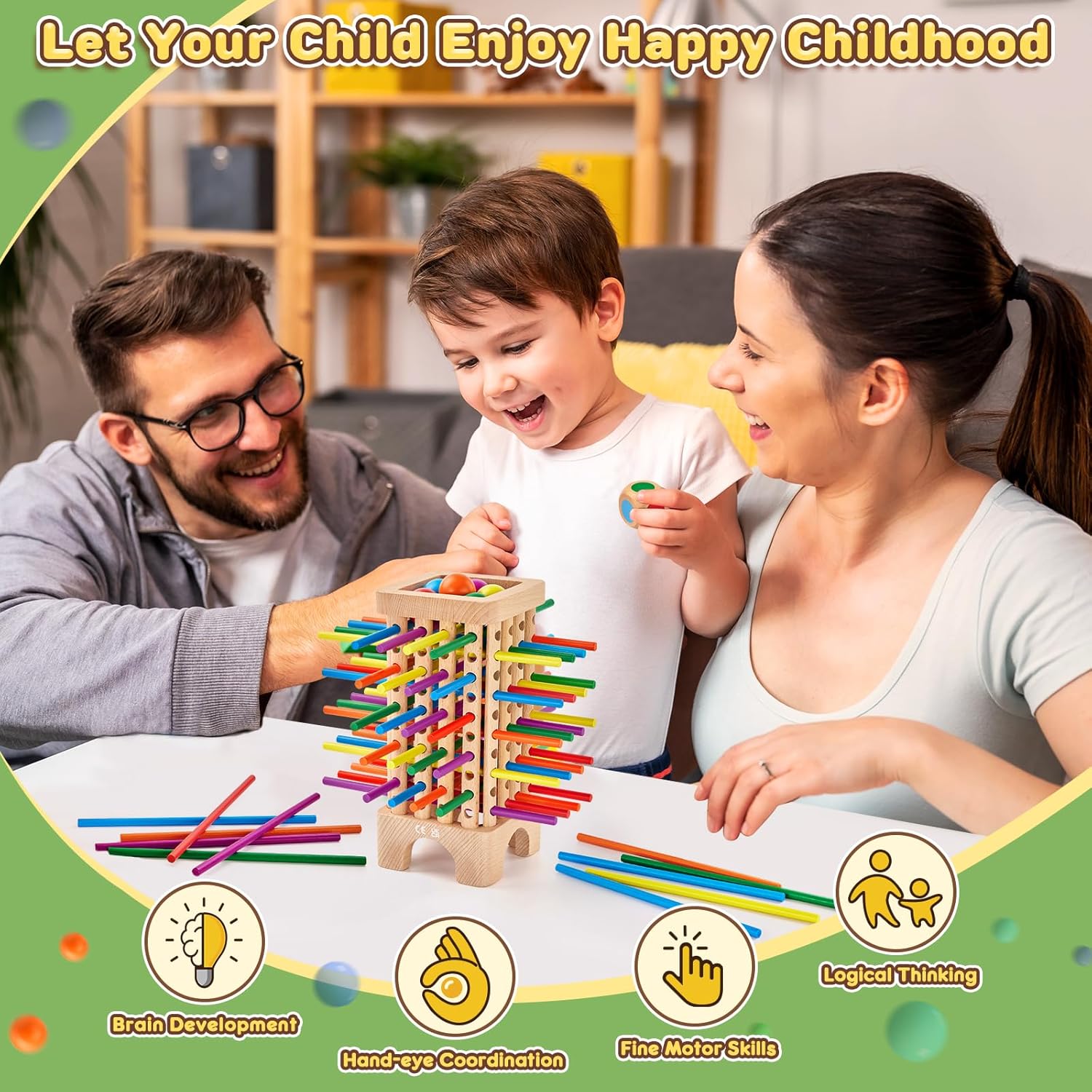 Montessori Game Wooden Board Game, 42 Colorful Wooden Sticks Dice Game