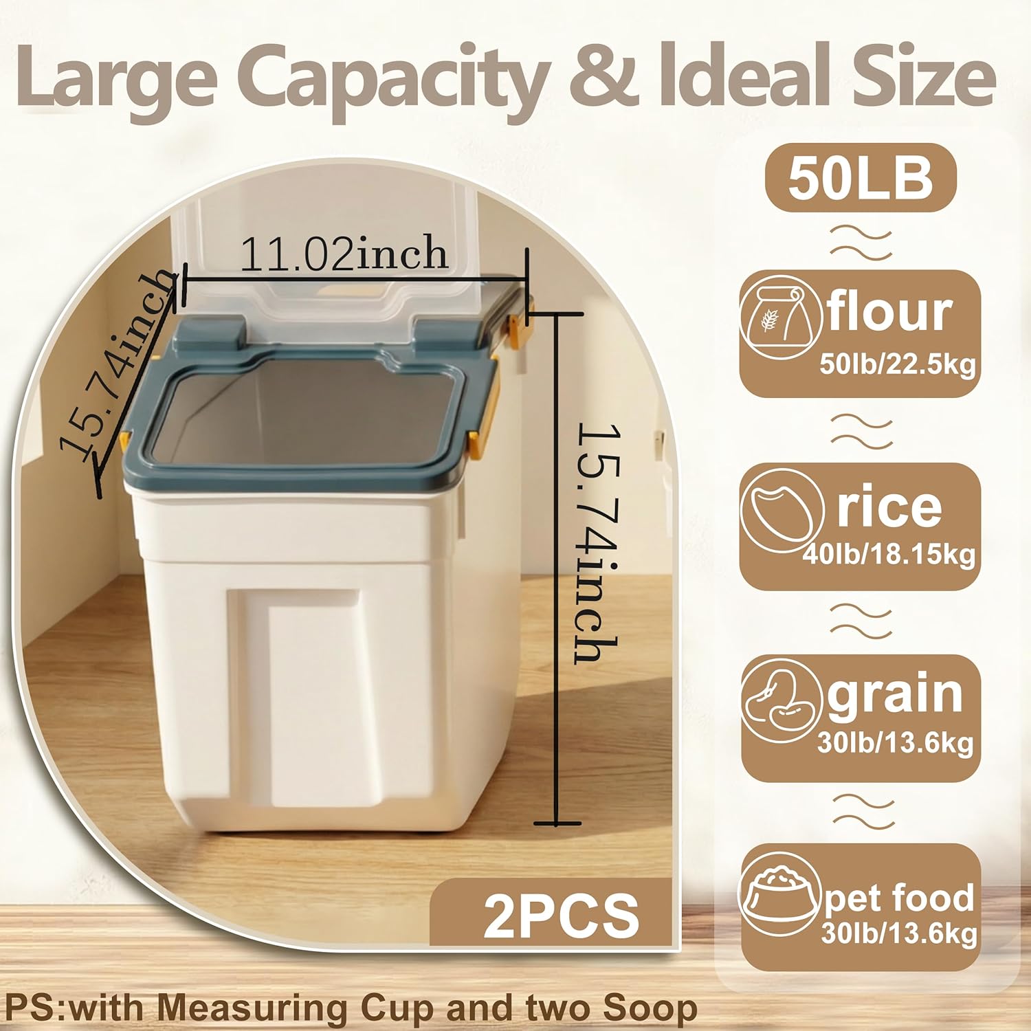RUIAN 2Pcs Large Flour Storage Container Bin 50Lb Airtight Rice Storag
