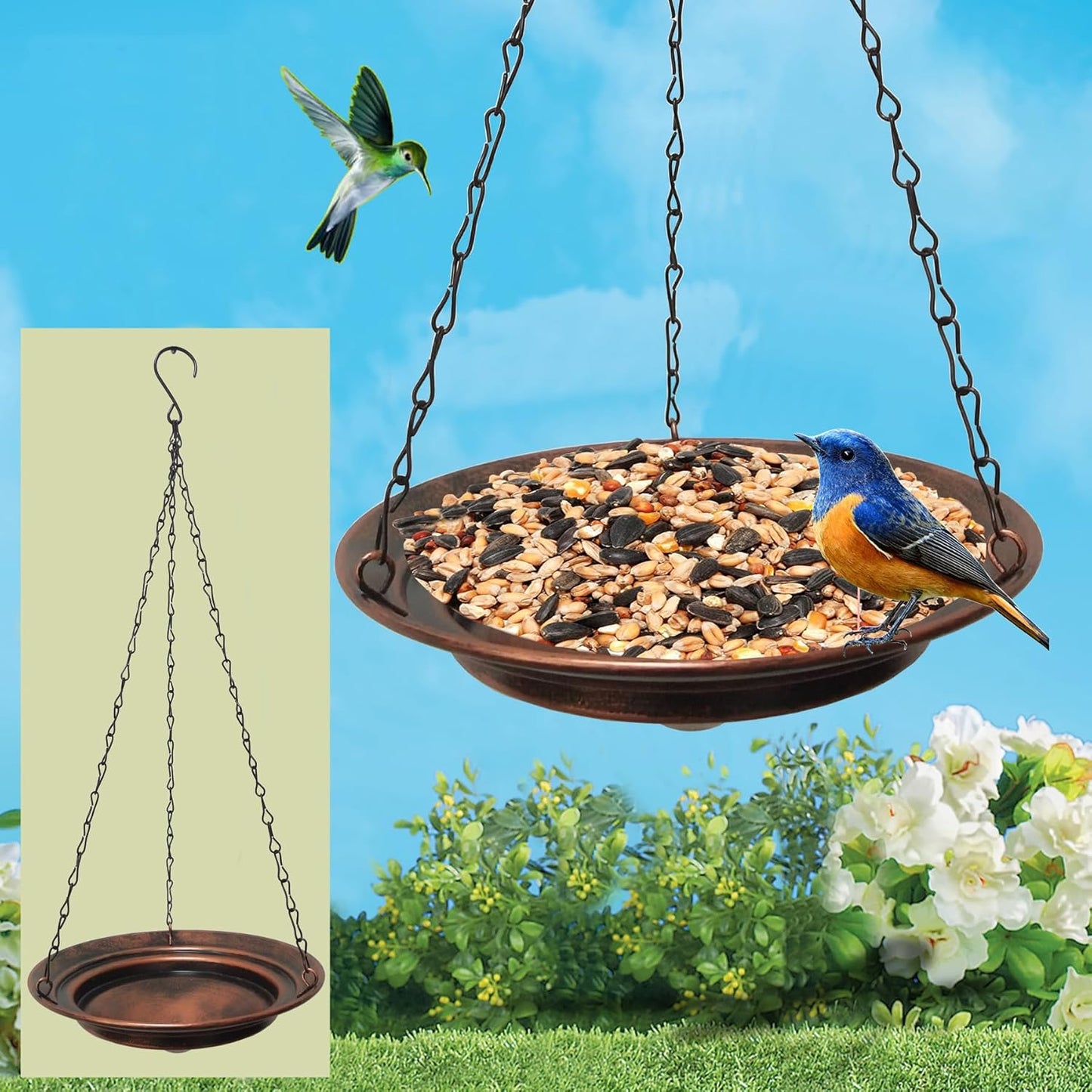 2PCS metal birdfeeder hanging for outside, bird seed platform for garden patio backyard decorative, flower bird feeder ornament