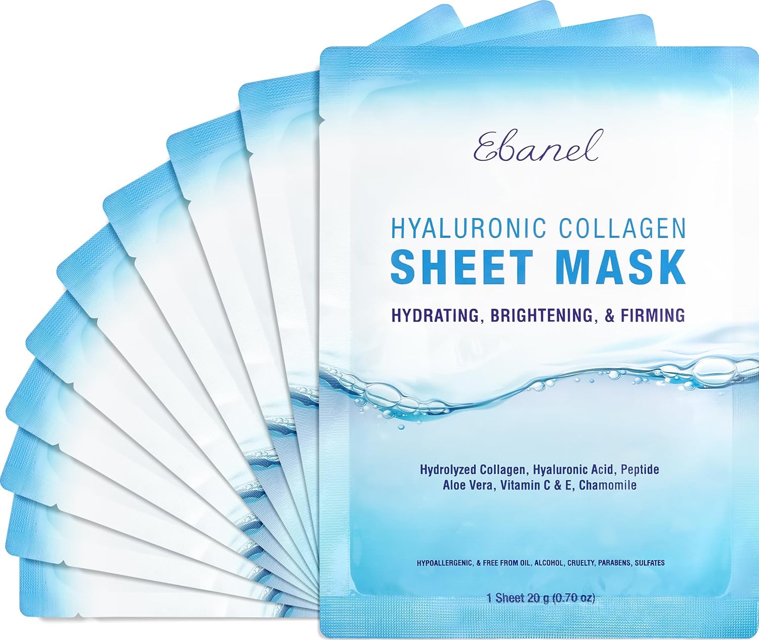 Ebanel 10 Pack Collagen Face Mask with Hyaluronic Acid, Vitamin C, Pep
