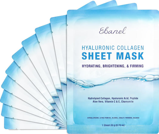 Ebanel 10 Pack Collagen Face Mask with Hyaluronic Acid, Vitamin C, Pep
