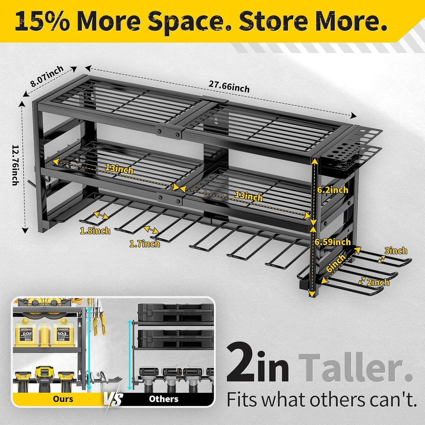 Power Tool Organizer Wall Mount Heavy Duty 320 lbs, 3 Layers Storage Rack with 9 Drill Holders & Battery Storage, cordless tool organizer for Garage, Workshop & Tool Room