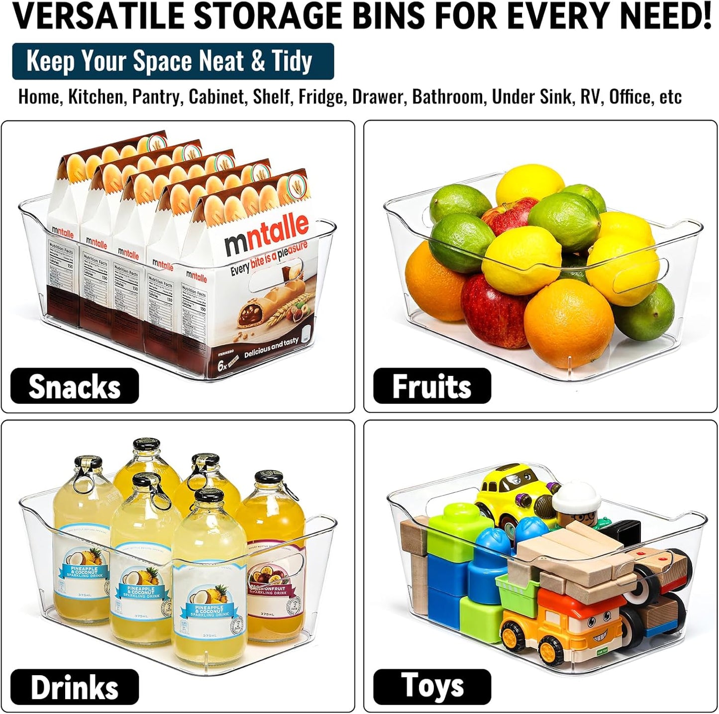12 PACK Multi-Use Clear Plastic Storage Bins for Organizing w/ Labels 