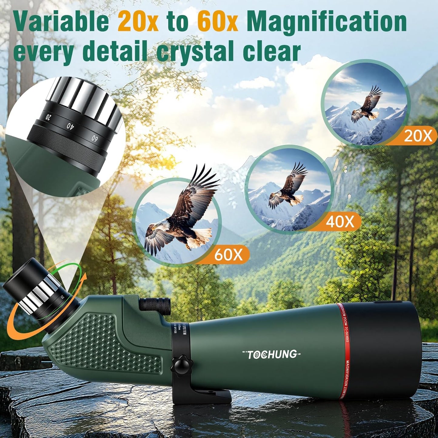 20-60x80 HD Spotting Scope | Waterproof & Fogproof High-Powered Telescope for Long-Distance Birdwatching, Target Shooting, Astronomy | Included Phone Adapter & Tripod & Carry Bag