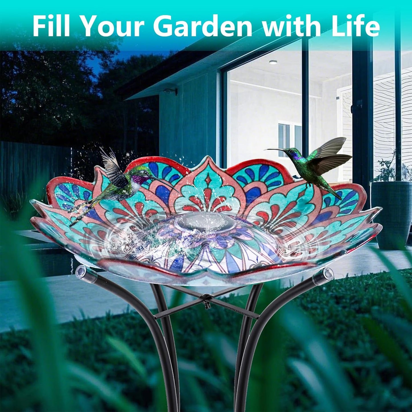 MUMTOP Bird Baths for Outdoors, Glass Large Solar Bird Bath Bowl with Metal Stand, Kaleidoscope Bird Feeders for Outside and Garden, Patio,Lawn Decor (Flower Edge)