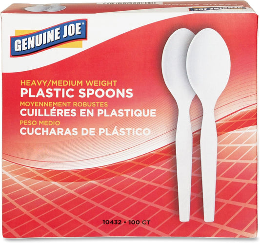 Genuine Joe Heavy/Medium Weight Plastic Spoon, White, 100 Count