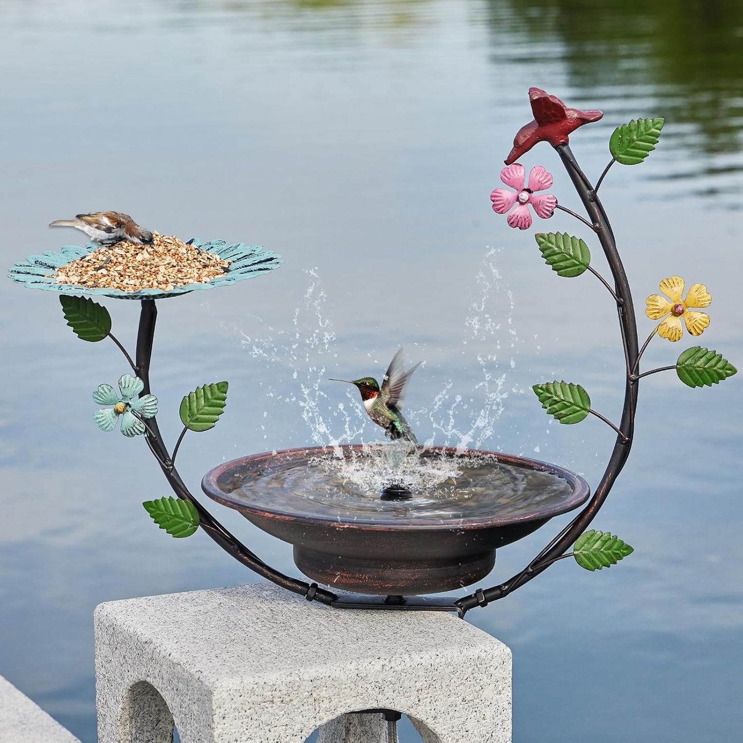 Solar Bird Bath,Deck Bird Bath with Solar Fountain,Metal Bird Bath Bubbler,Deck Mounted Bird Bath and Bird Feeder,Balcony Bird Bath,with Adjustable Heavy Duty Clamp for Patio Porch Garden