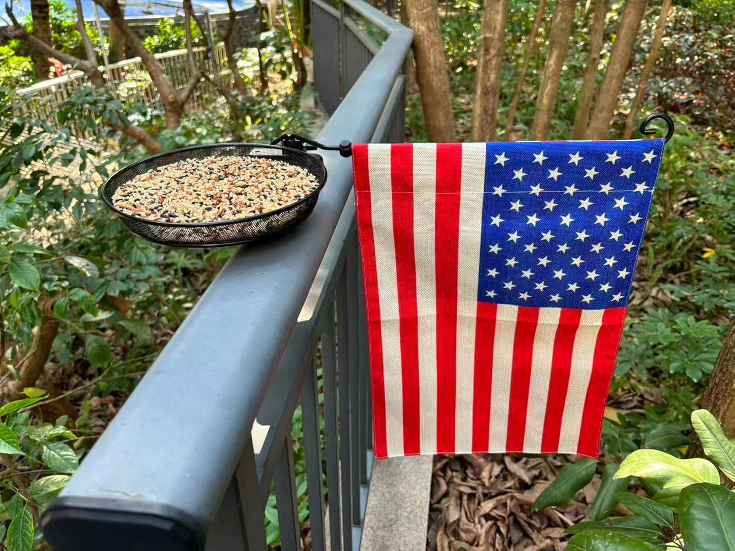 Railing Bird Feeder with Patriotic Garden Flag for Balcony/Deck/Porch 8" Platform Bird Seed Tray and Patriots Flag Handrail/Fence/Pole Mount