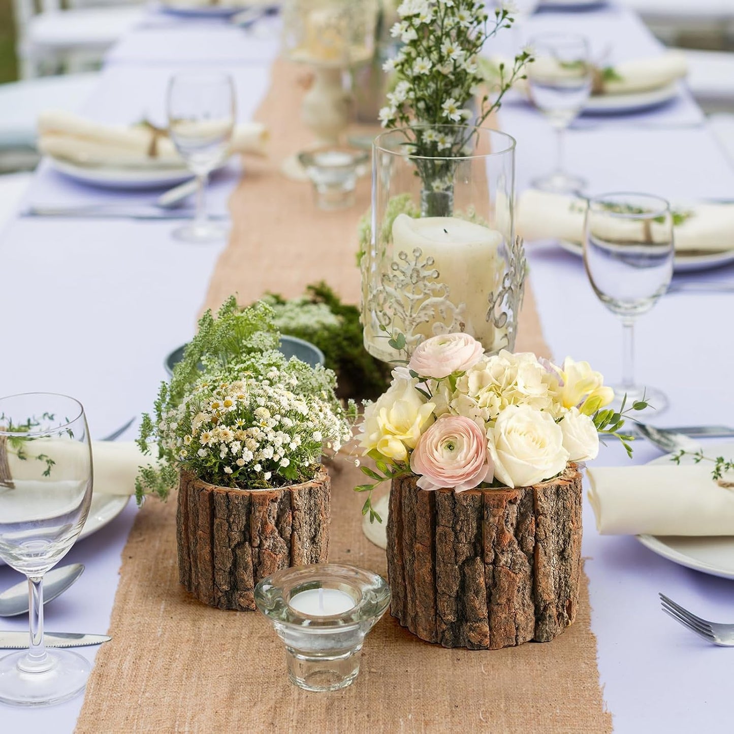 6 Pcs Wooden Vase for Centerpieces Wedding Flower Table Centerpieces Woodland Party Decor Rustic Farmhouse Bark Stump Buckets Vintage Planter Pots for Garden Baby Shower Window Home (L+m+s)