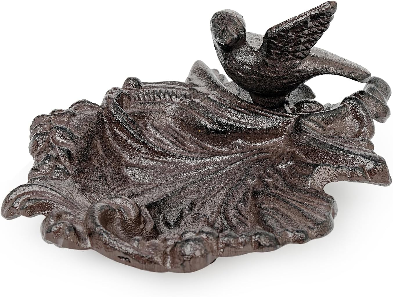 Sungmor Cast Iron Bird Feeder Dish, Rustic Brown Small Bird Feeding Tray, Decorative Leaf-Shaped Outdoor Bath Bowl Food Container for Garden, Patio or Yard