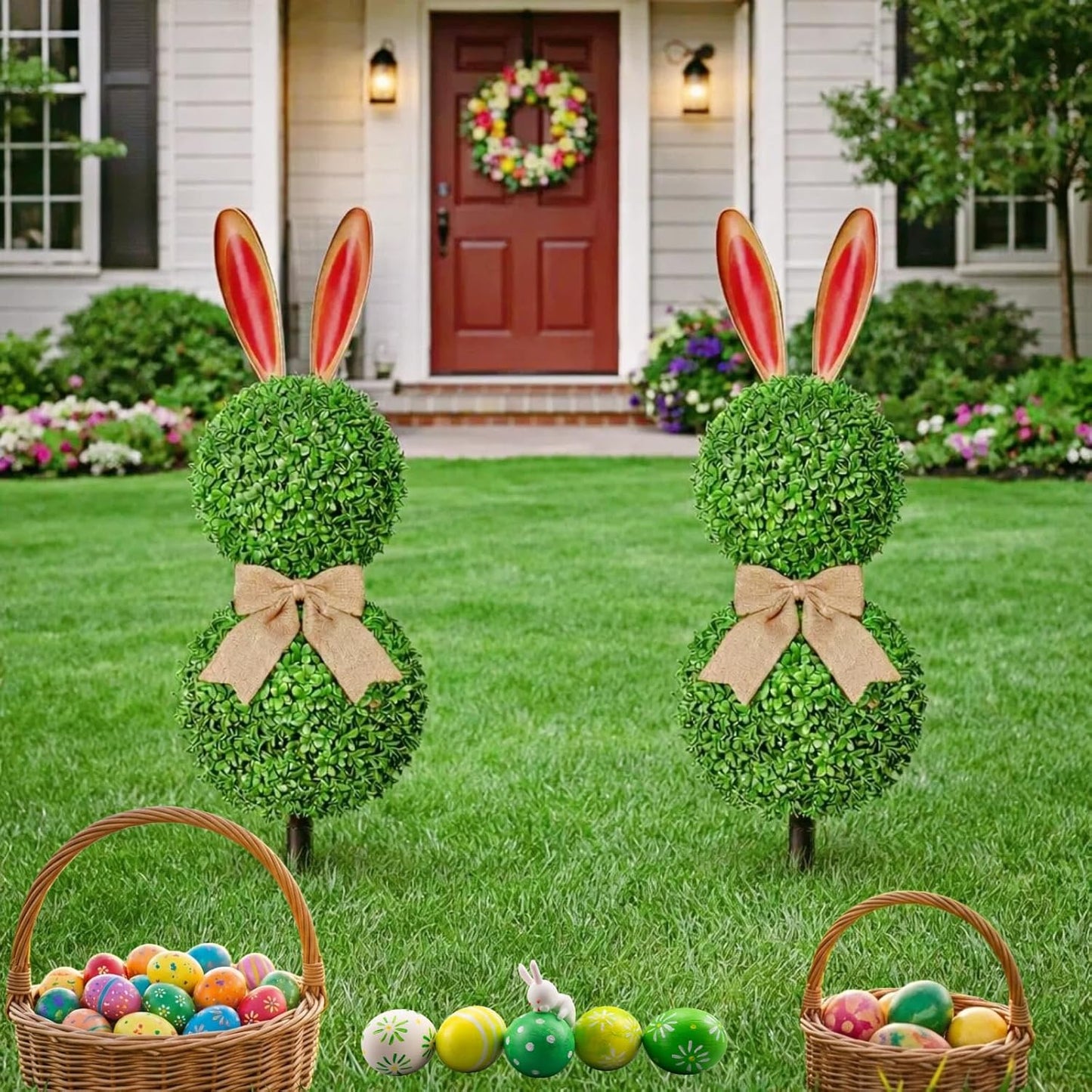 2 Pcs Easter Bunny Topiary 3 Ft Artificial Bunny Shaped Topiary Trees 
