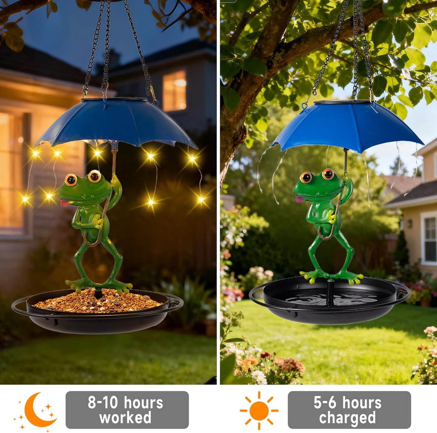 Solar Bird Feeders for Outdoors Hanging Garden Decor - Metal Frog Outdoor Figurine Solar Lights Hummingbird Feeder, Waterproof Wild Bird Feeders Garden Gifts for Women, Mom