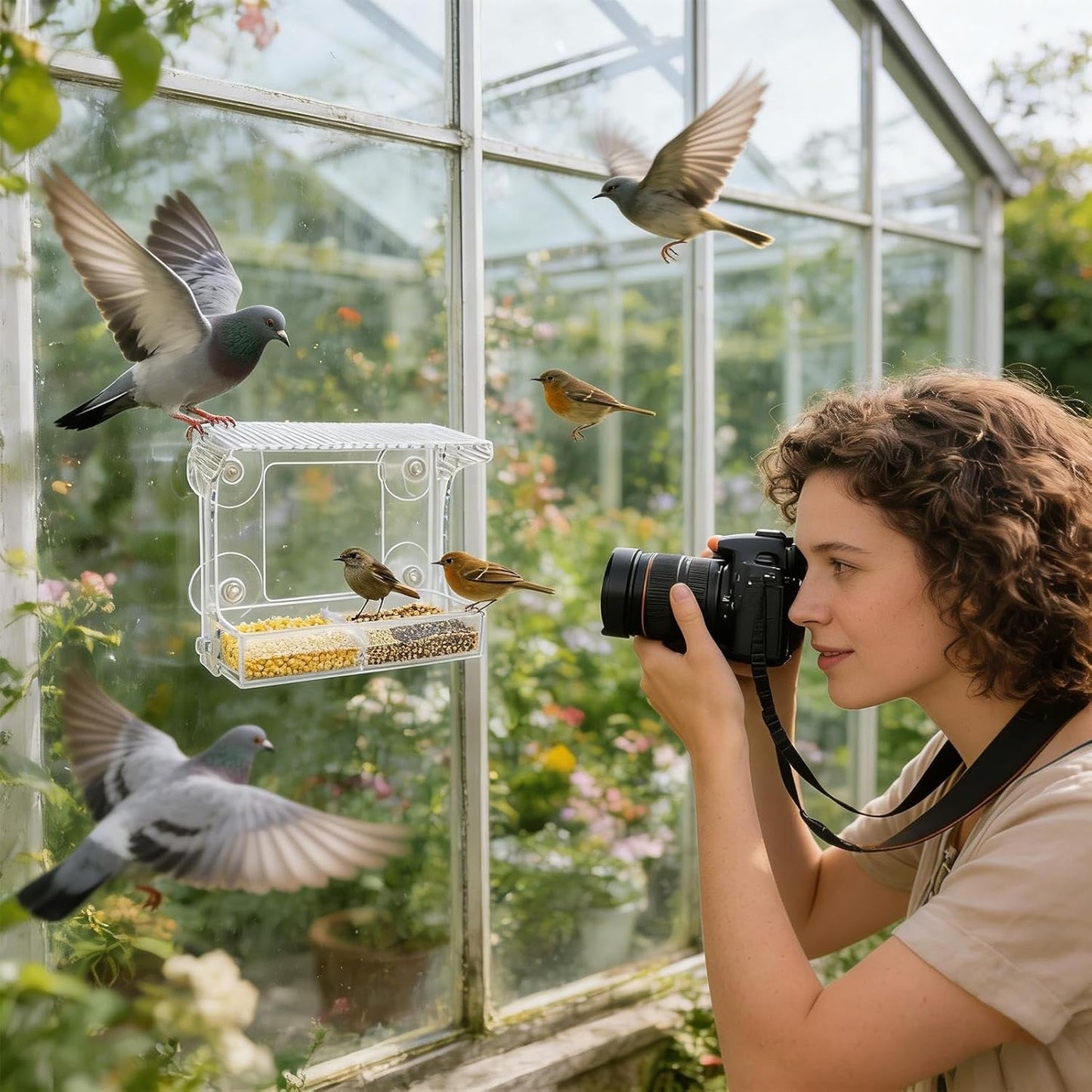 Window Bird Feeder, Acrylic Strong Suction Cups, Weatherproof Outdoor Feeders with Transparent Design, with Compact Design, Heat Resistant Metal Grid, Bird Feeder for Hummingbird Wild Finch