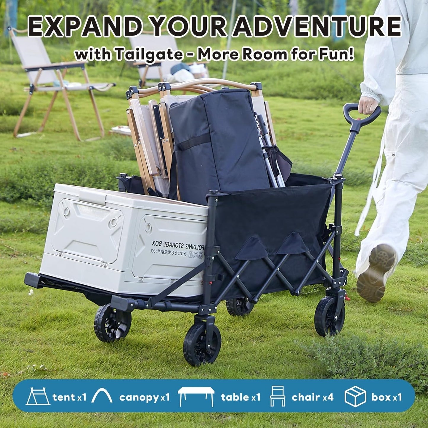 Outdoor Camping Trailer with Detachable Wheels Portable Folding Multi-Functional Travel Trailer with Tailgate Extension, Ideal for Outdoor Camping and Grocery Shopping.