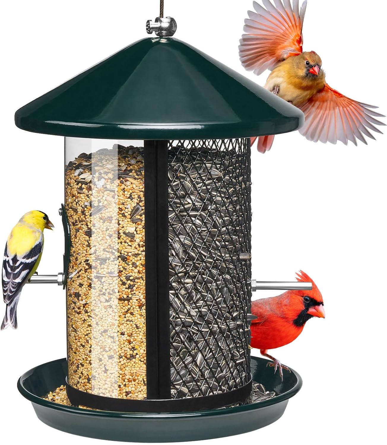 Kingsyard Metal Bird Feeder for Outdoor Hanging - Chew Proof Wild Bird Finch Cardinal Feeder with Dual Chamber of 4 lbs Capacity for Bluebird, Green