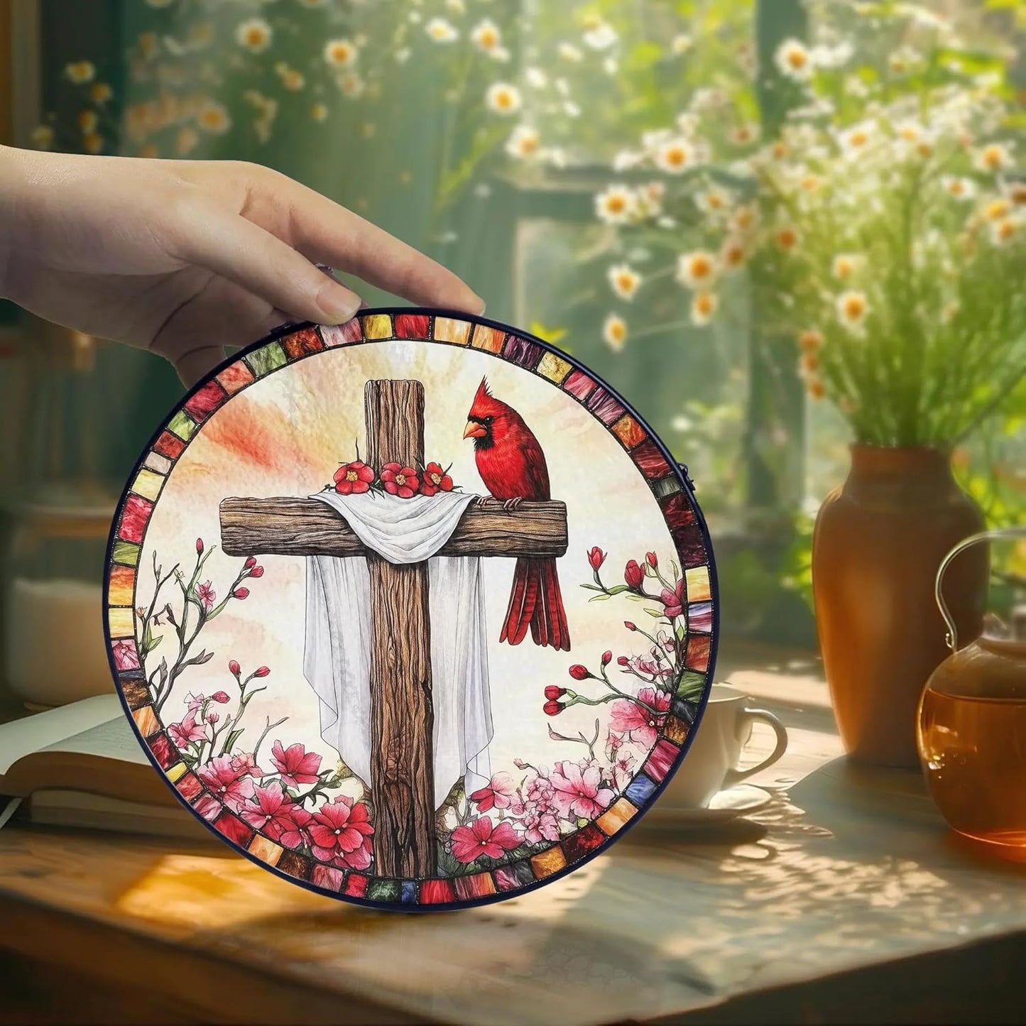 Red Cardinals Cross Suncatcher Stained Glass Window Hanging Christian Gifts for Women Faith Home Decorations Jesus Gifts for Women of God Christmas Mothers Day Religious Catholic Religion Bible Gift