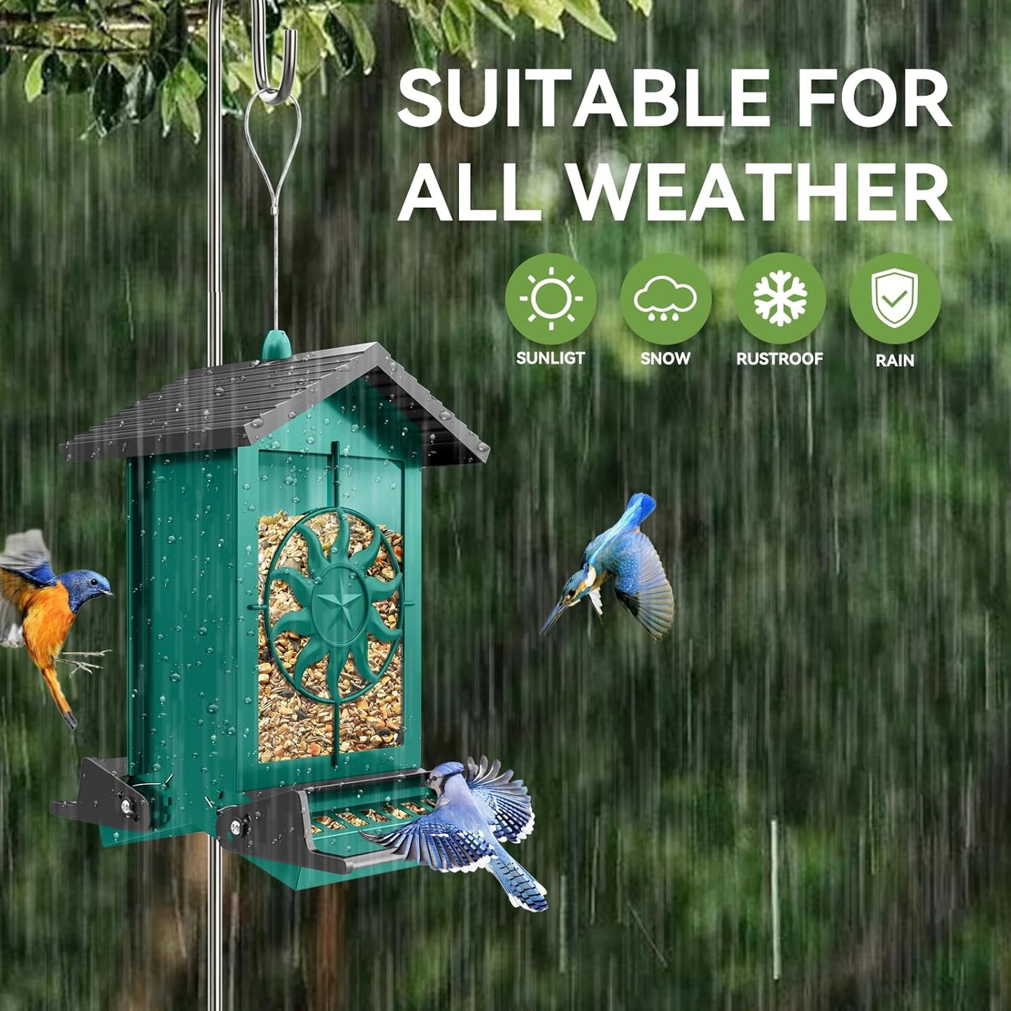 Metal Squirrel Proof Bird Feeders for Outdoors Hanging with Weight Activated Perches, 5LB Large Weatherproof Wild Bird Feeders for Cardinals, Blue Jay, Finch, Durable Backyard Feeders -Green