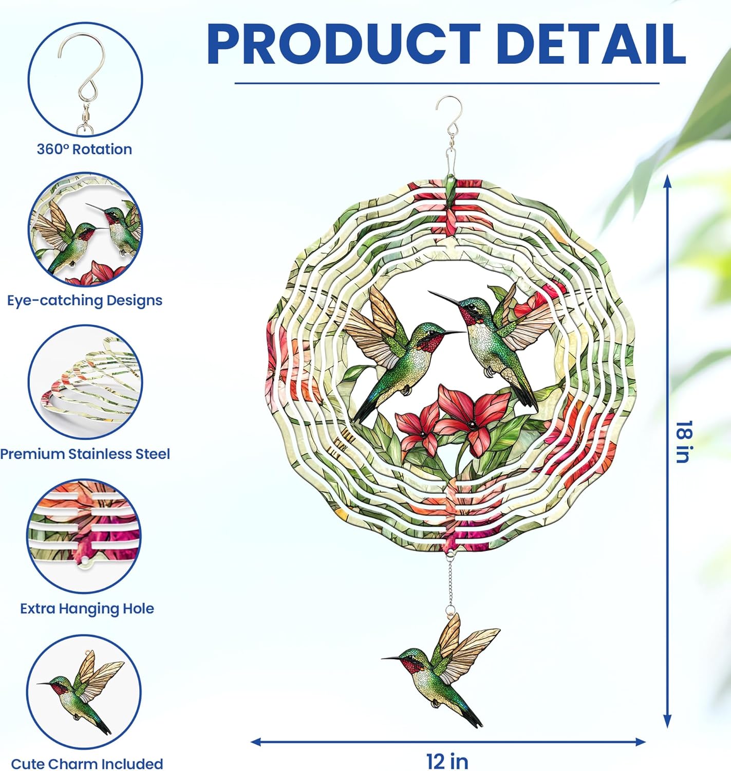 FLAGWIX Hummingbird Gifts for Women - 3D Stainless Steel Metal Wind Spinners 12in - Hummingbird Wind Spinner Yard Decorations Outdoor Indoor Hanging Garden Decor, Mothers Day Birthday Gift For Grandma
