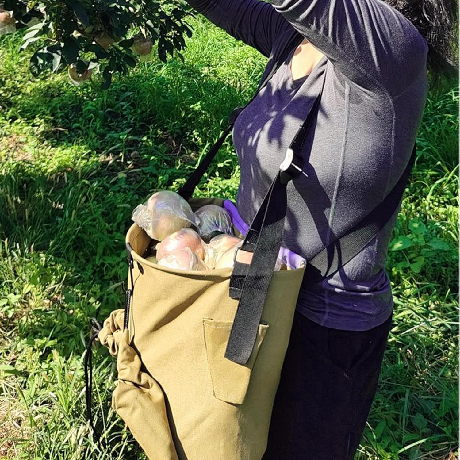 Drop Bottom Fruit Picking Bag, Large Adjustable Canvas Harvest Apron w