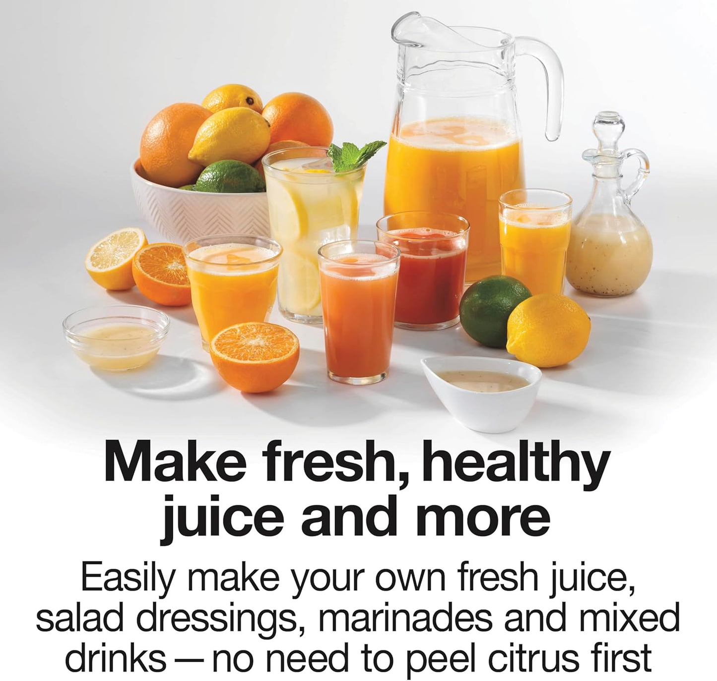 Proctor Silex Electric Citrus Juicer Machine, Large 34 oz. Pitcher, Pressure Activated, 2 Reamers for Big and Small Fruit, Pulp Control, for Orange, Lemon, Grapefruit Juice, White & Green (66340)