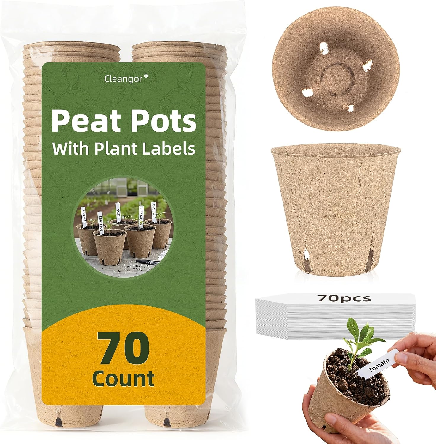 70Pcs Biodegradable 4” Peat Pots with 70Pcs Plant Labels, Biodegradabl
