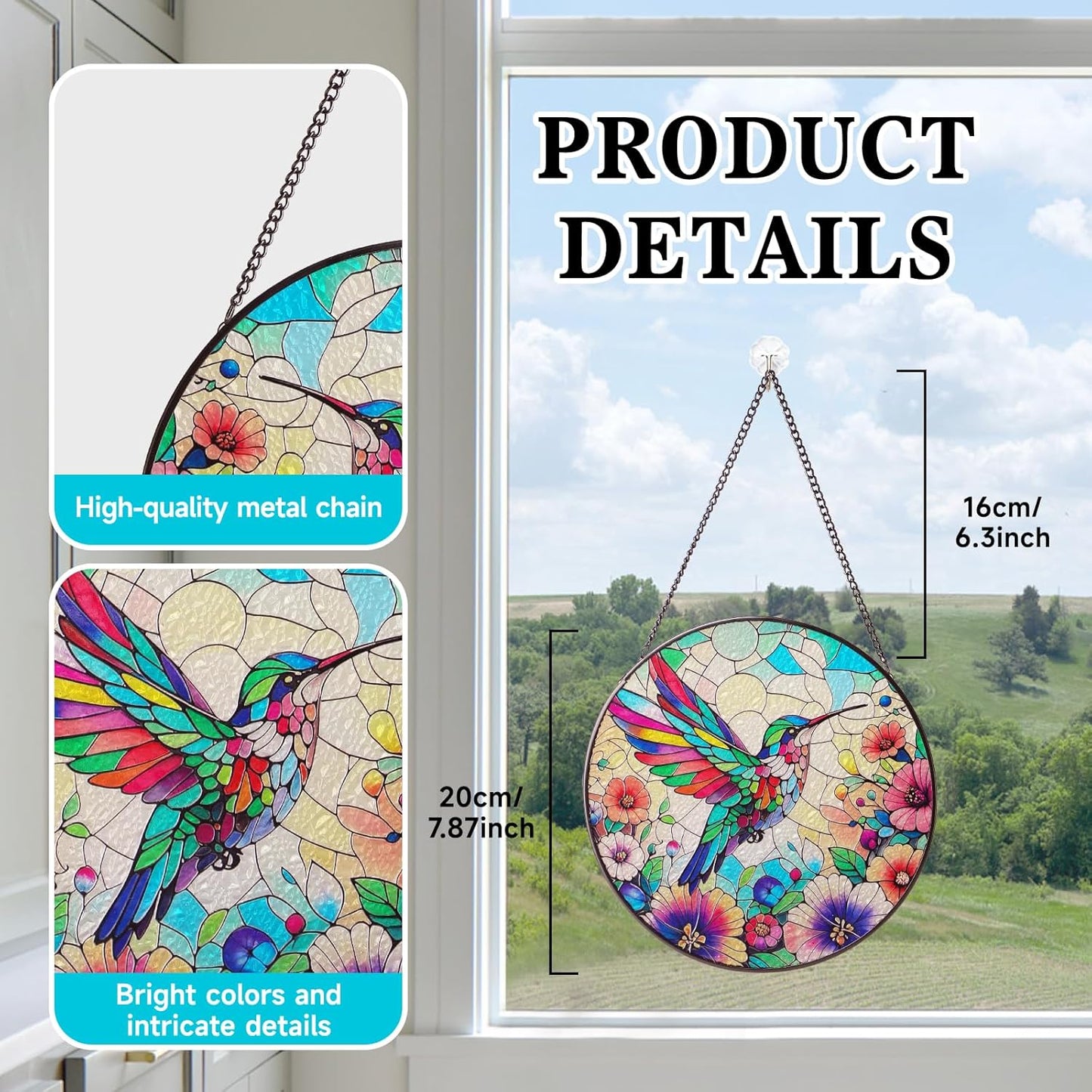 Suncatchers for Windows Hanging, with Colorful Colors Lifelike Design,8 Inches Hummingbird Stained Glass Window Hanging Perfect for Home Decor, Hummingbird Suncatcher Gifts for Mom,Bird Lovers