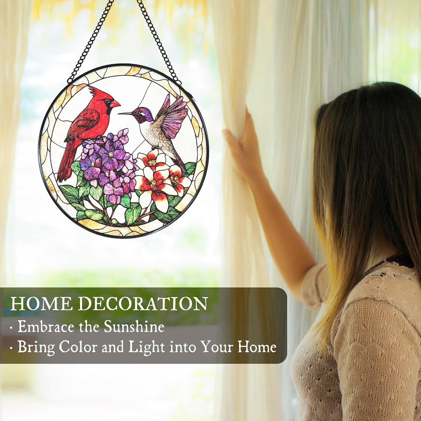Cardinal Hummingbird Stained Glass Window Hanging Suncatcher, Flower Bird Sun Catcher Indoor Window Decor, Birds Lover Gifts Painted Glass Round Wall Hanging Decorations, 7.8x7.8 in