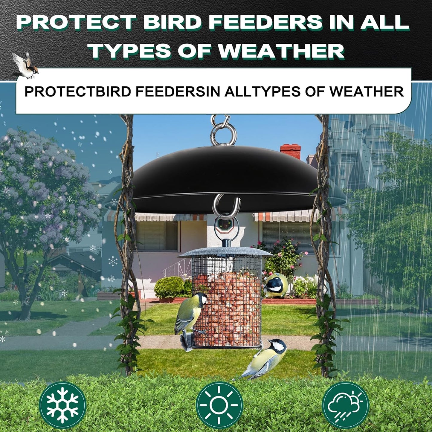 Squirrel Baffle for Bird Feeders,15.7-inch Metal Dome,Squirrel Proof, Weather Shield, with Suspension Wire Rope and Snap Hook for Bird Feeder Pole, Shepherd's Hook,Trees,1 Pack(Black)