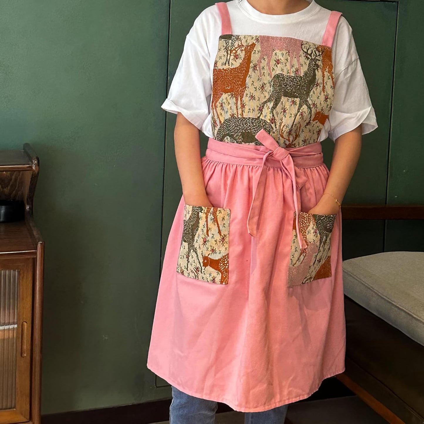 Kitchen Apron with Pockets, Womens Pinafore Dress, Floral Apron for Cooking Gardening, Gift for Mom, Wife, Girlfriend
