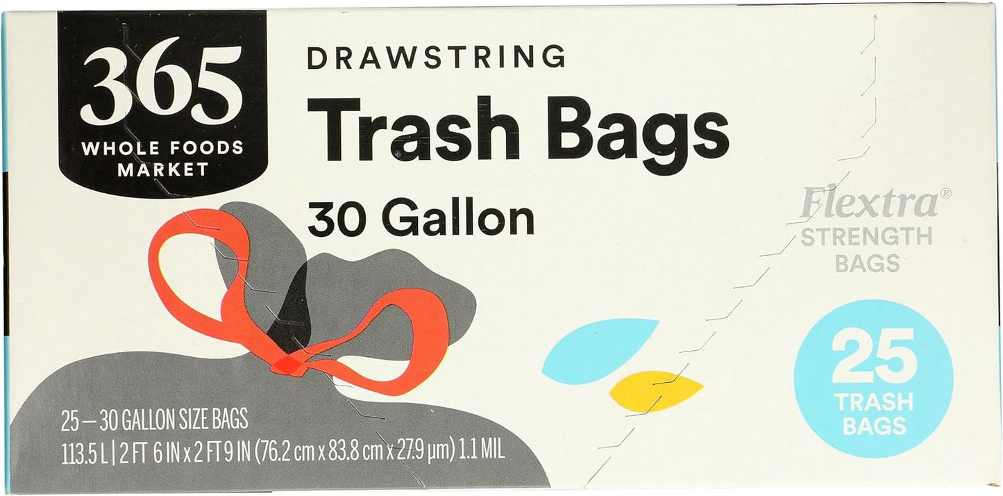 365 by Whole Foods Market, Flextra Strength Drawstring Trash Bags, 30 Gallon, 25 Count