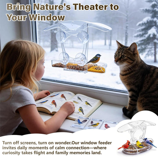 Window Bird Feeder with 5 Acrylic ID Cards - Clear Bird House for Outside with Removable Tray & Drain Holes - 4 Strong Suction Cups, Panoramic View for Wild Birds, Cat TV, Nature Gift