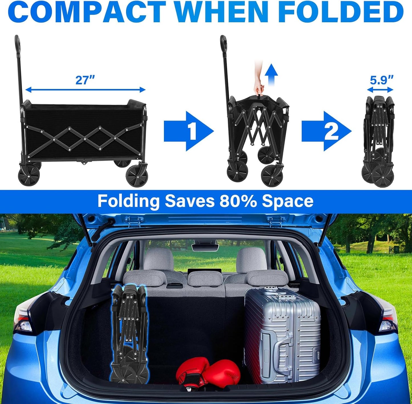 Wagons Carts Foldable - Collapsible Wagon Cart with Wheels Foldable - Folding Utility Heavy Duty Wagons Carts for Grocery Camping Sports Shopping Garden