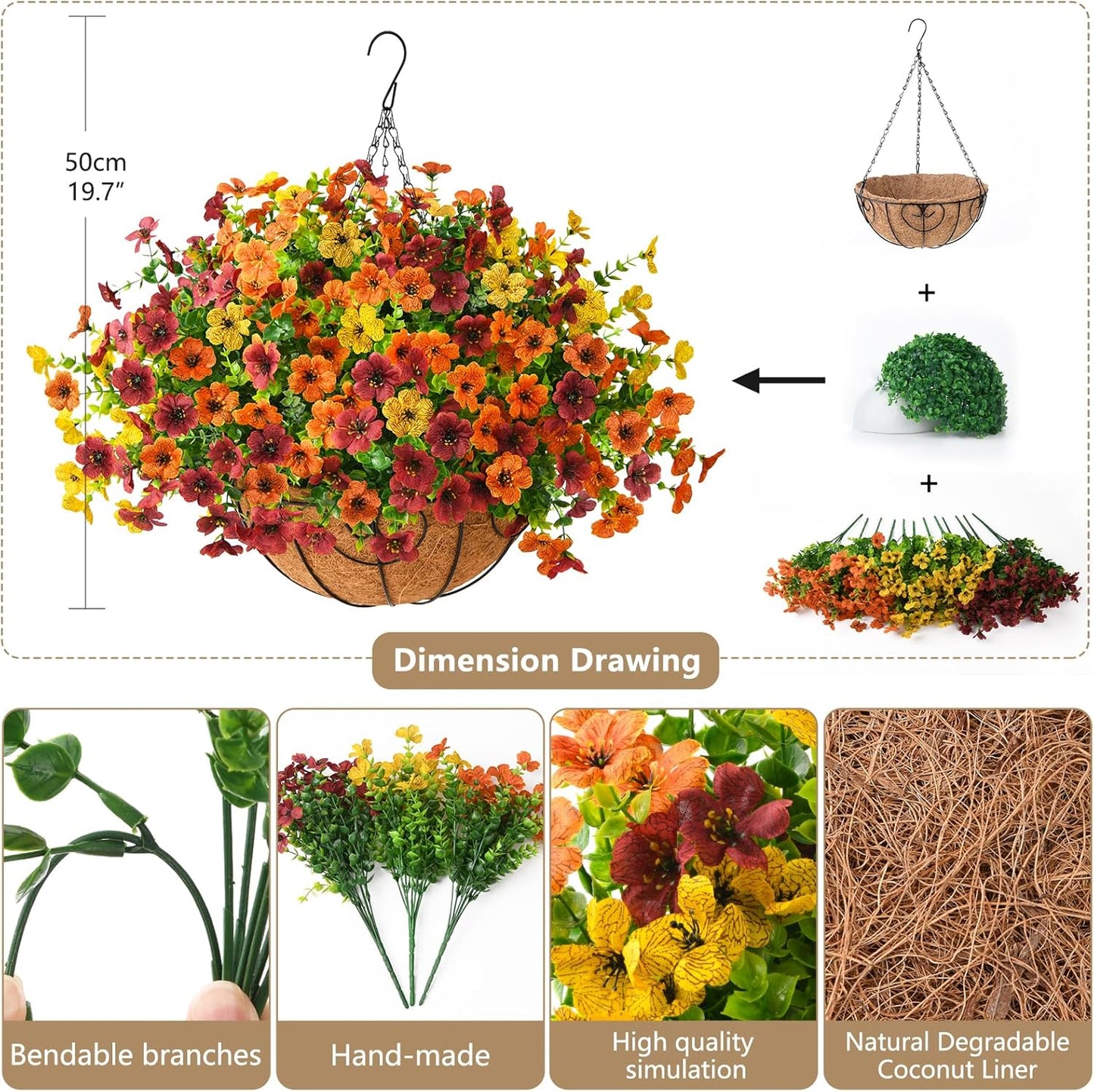 Artificial Fake Hanging Plants Flowers Basket, Faux Silk Daisy in Planter Realistic UV Resistant for Outside Home Patio Balcony Yard Mums Autumn Outdoor Decoration (Orange Brown Yellow)