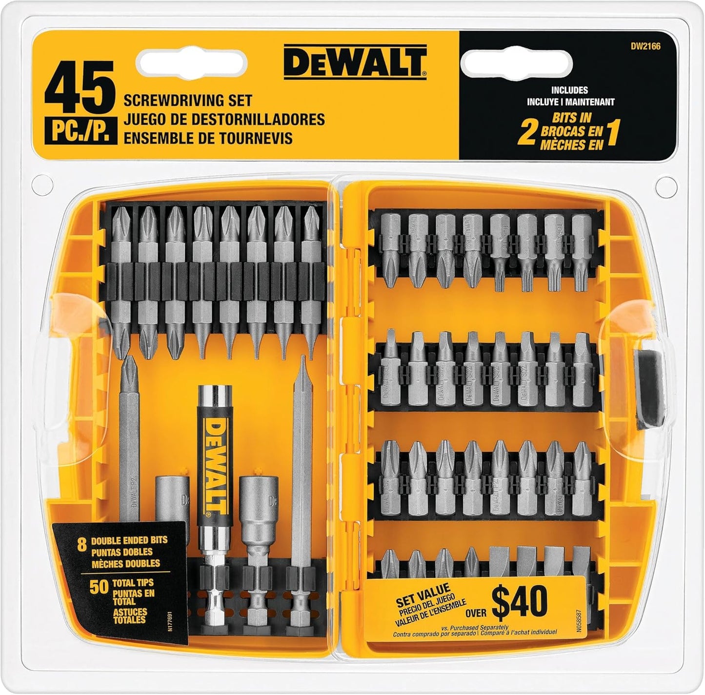 DEWALT Screwdriver Bit Set with Tough Case, 45-Piece (DW2166), Grey/Silver Screwdriving Set with Tough Case