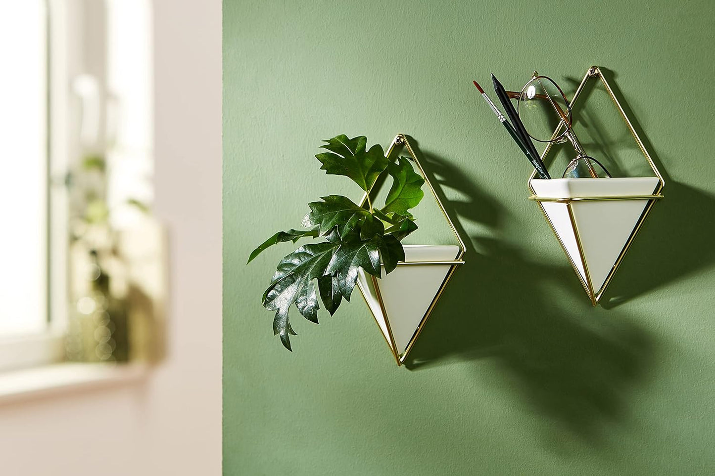 Umbra Trigg Hanging Planter Vase Wall Decor, Set of 2 Pots Containers for Succulents, Cactus, Faux Plants, and More, Small, White/Brass