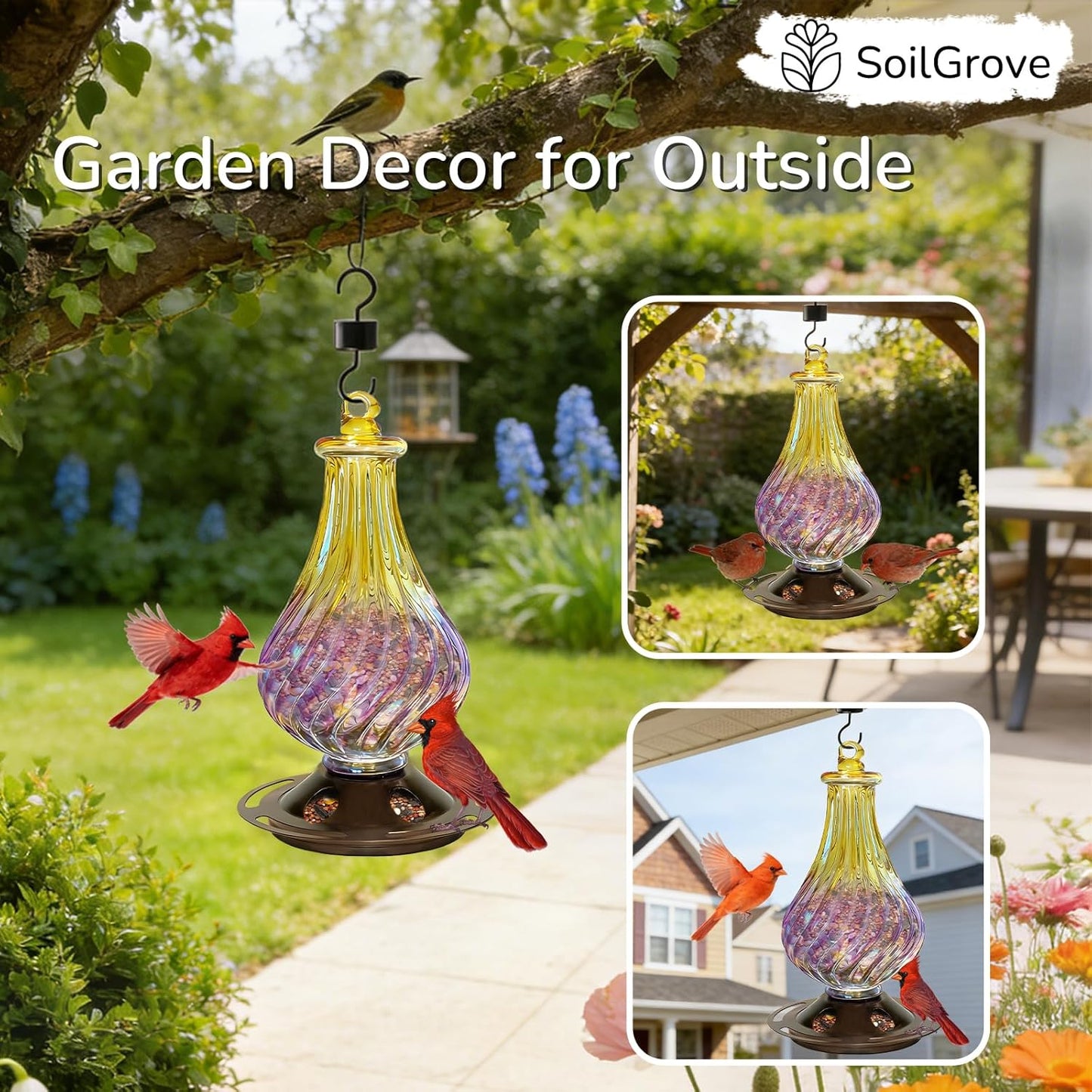 Bird Feeders for Outdoors – Hand Blown Glass Hanging Bird Feeder with Metal Base, 5 Feeding Ports, 24 oz Hanging Wild Bird Feeder for Cardinals & Blue Jays, Garden Decor Gift