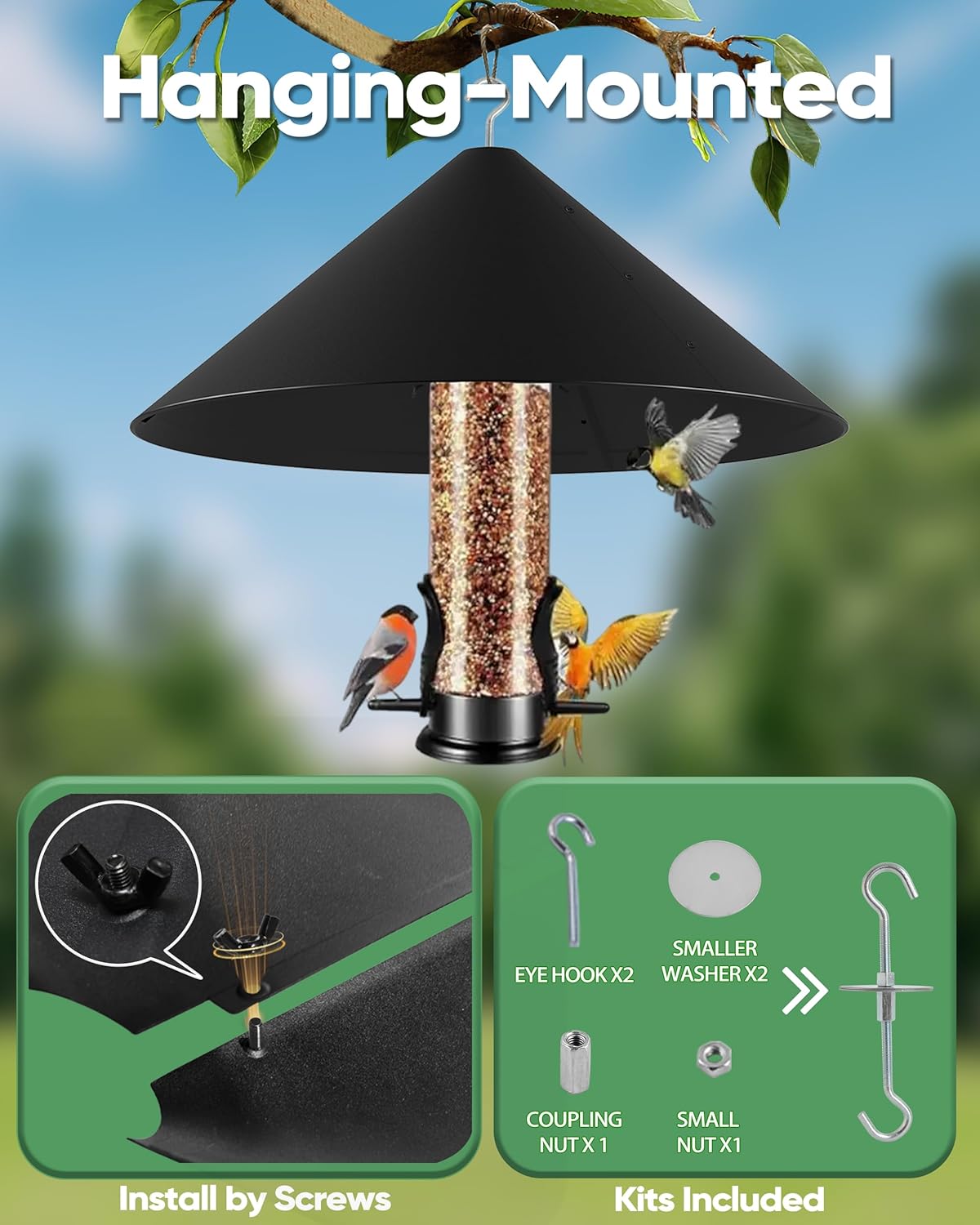 19 Inch Metal Squirrel Baffle for Bird Feeder, Hanging Baffles for Squirrel Proof Bird Feeders, Outdoor Cover Rain Guard, Rust Chew Proof Heavy Duty