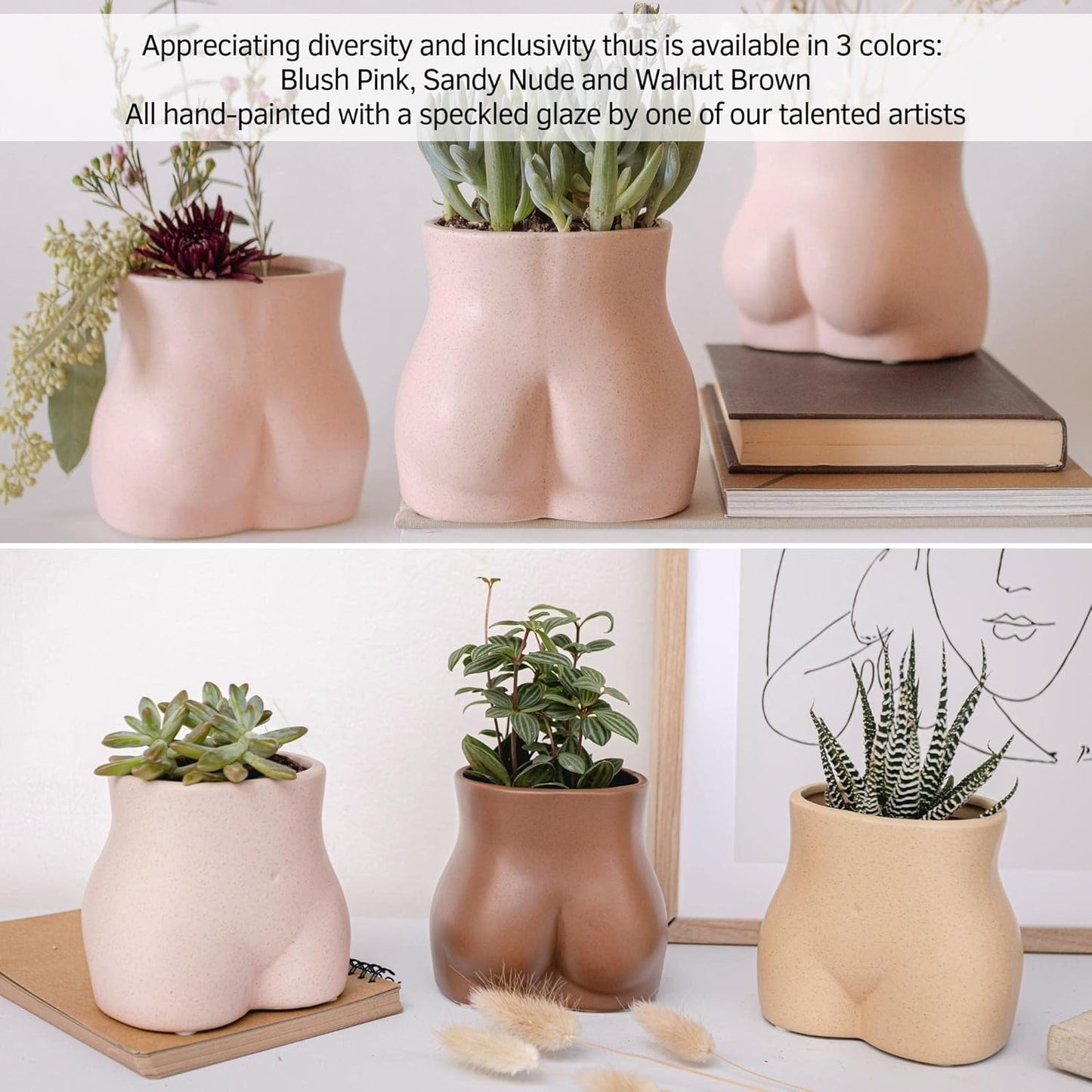 BASE ROOTS Plant Pot Ceramic Planter Vase with Drainage for Succulents, Cactus, Flowers - Ideal for Boho Indoor & Outdoor Garden, Aesthetic Living Room, Bedroom, Desk Organizer Decor & Gift Idea