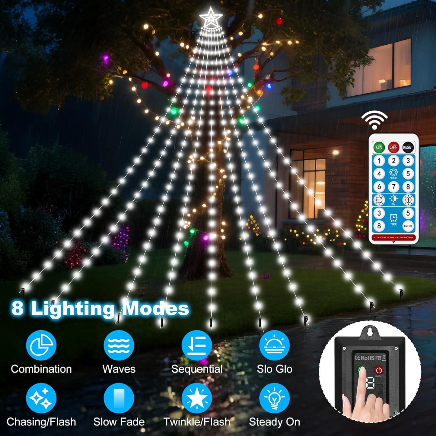 Solar Christmas Decorations Tree Lights Outdoor, 18.37ft 532LED Waterfall String Lights with 8 Modes Timer Remote Xmas Lights USB Powered for Garden Yard Patio Home Holiday Party Decor, Pure White