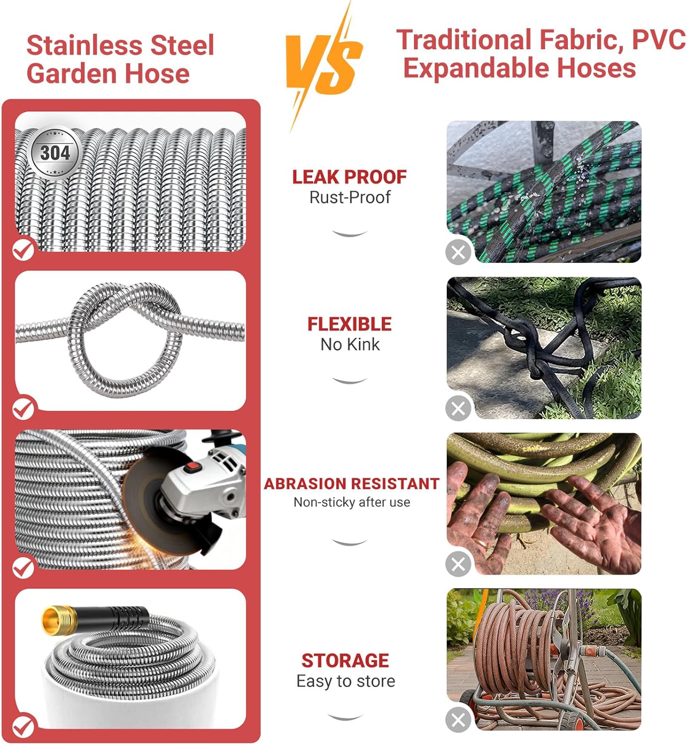 Lefree 100ft Metal Garden Hose - Heavy Duty 304 Stainless Steel Flexib