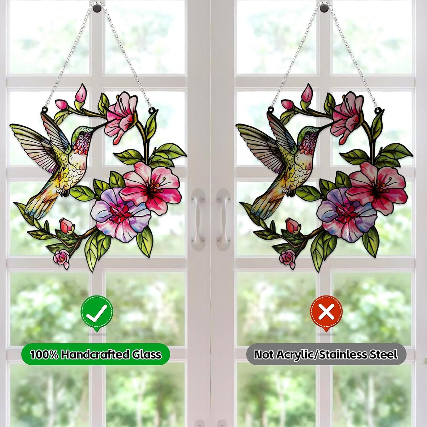 Stained Glass Hummingbird Suncatcher, Marzovitra 12 inch Stained Glass Window Hanging Yard Décor with Flowers, Sun Catcher for Home Decor, Garden, Patio Bird Window Art Gift for Nature and Bird Lovers
