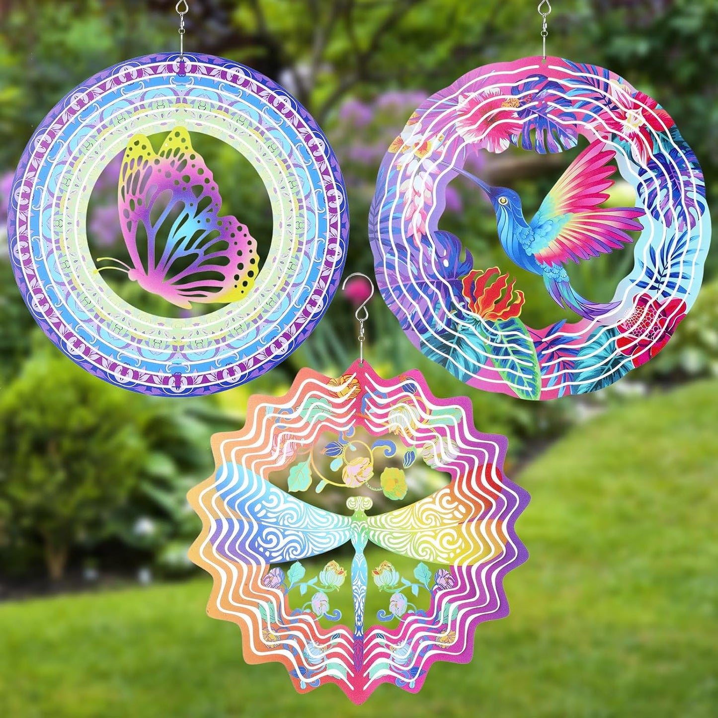 3 Pack Stainless Steel Wind Spinner Butterfly Dragonfly Hummingbird for Yard and Garden 12 Inch 3D Metal Wind Spinner Hanging Outdoor Porch Decor Art Kinetic Sculptures for Indoor Outdoor Decorations