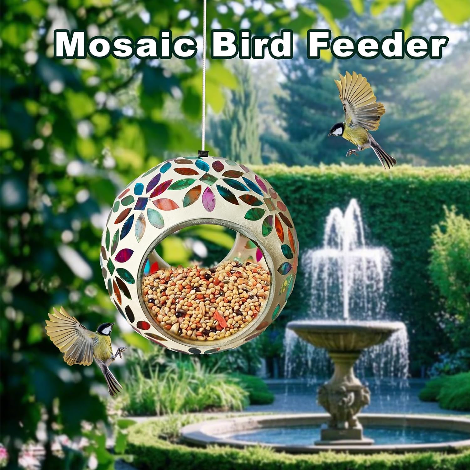 Mosaic Bird Feeder, Outside Hanging with Round Shape Glass BirdFeeders
