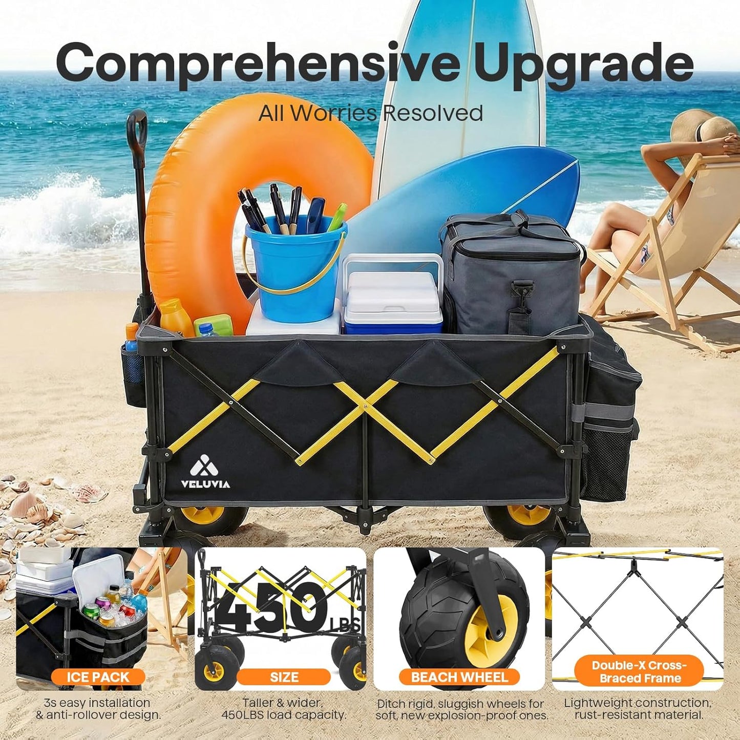 Beach Wagon with Big Wheels - Heavy Duty Foldable All Terrain Cart with 9" Balloon Wheels for Sand - Large Collapsible Beach Dolly with Upgraded Sand Tires & Detachable Cooler Bag, Black