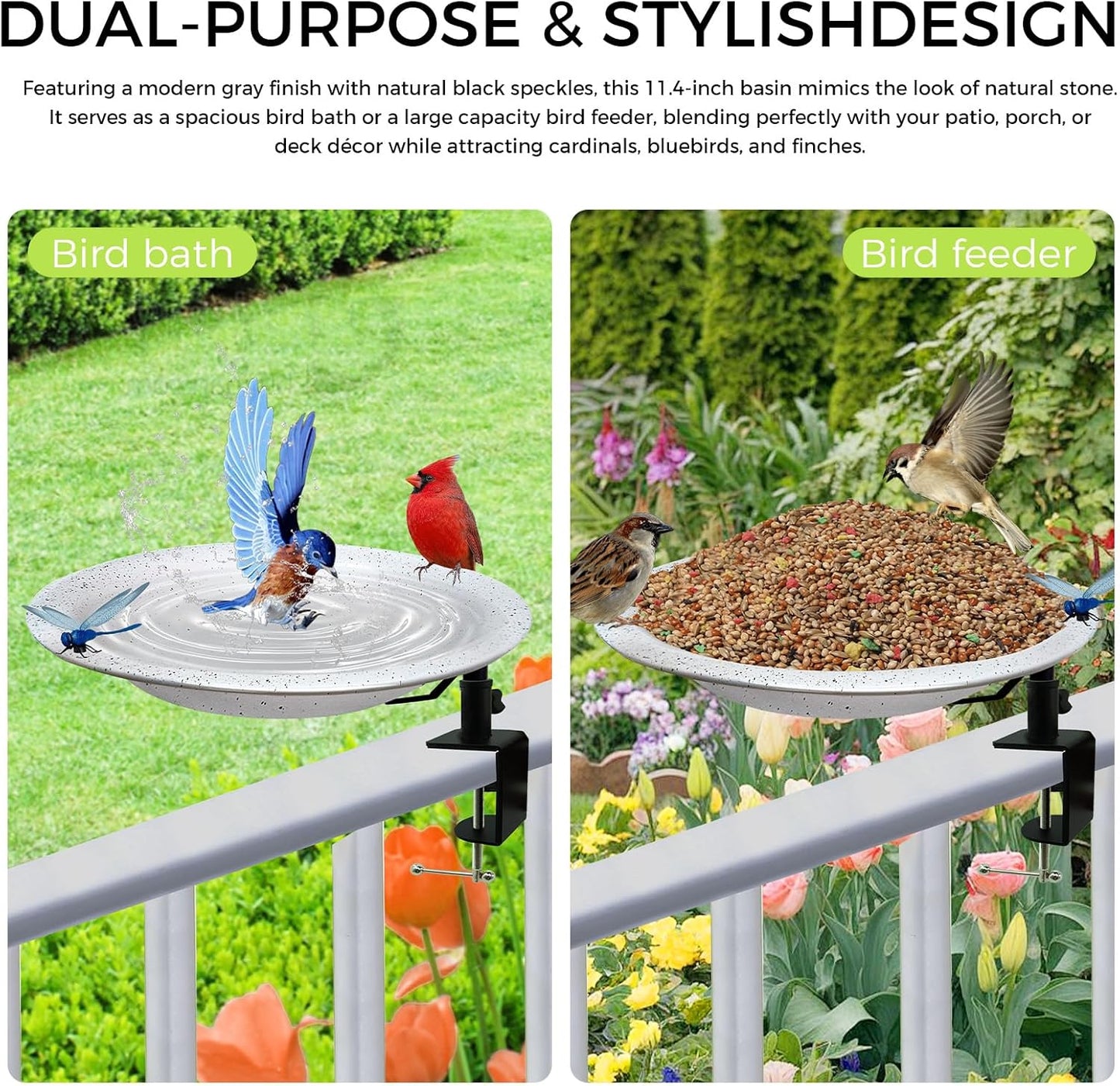 Deck Mounted Bird Bath and Feeder,11.5 Inch Large Gray Speckled Bowl,Heavy Duty Clamp On Deck Railing,Detachable Weather Resistant Balcony Bird Waterer for Outdoor Wild Birds