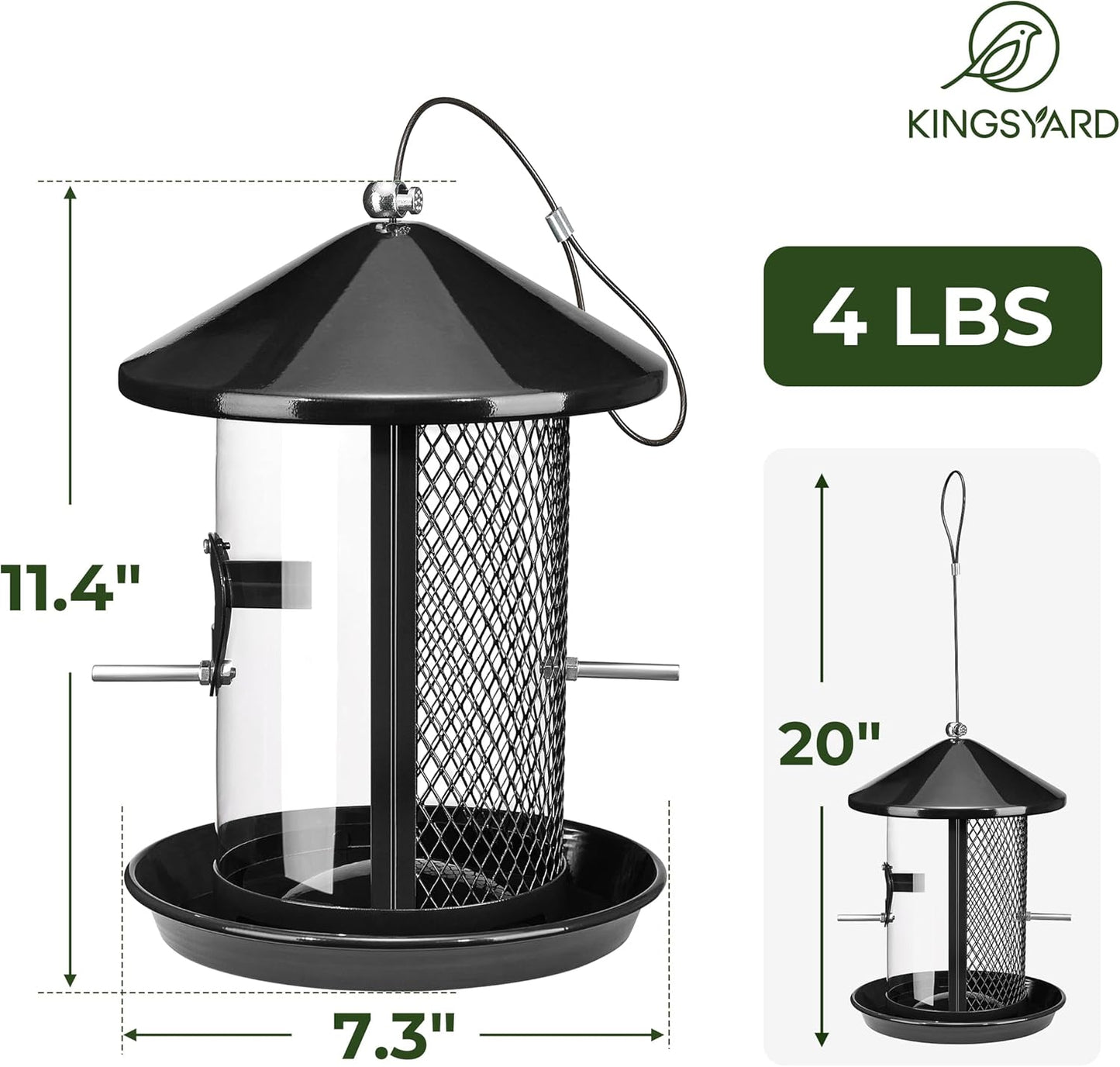 Kingsyard Metal Bird Feeder for Outdoor Hanging - Weather Resistant Chew-Proof Wild Bird Feeder with Dual Chamber of 4 lbs Capacity for Mixed Seeds, Black