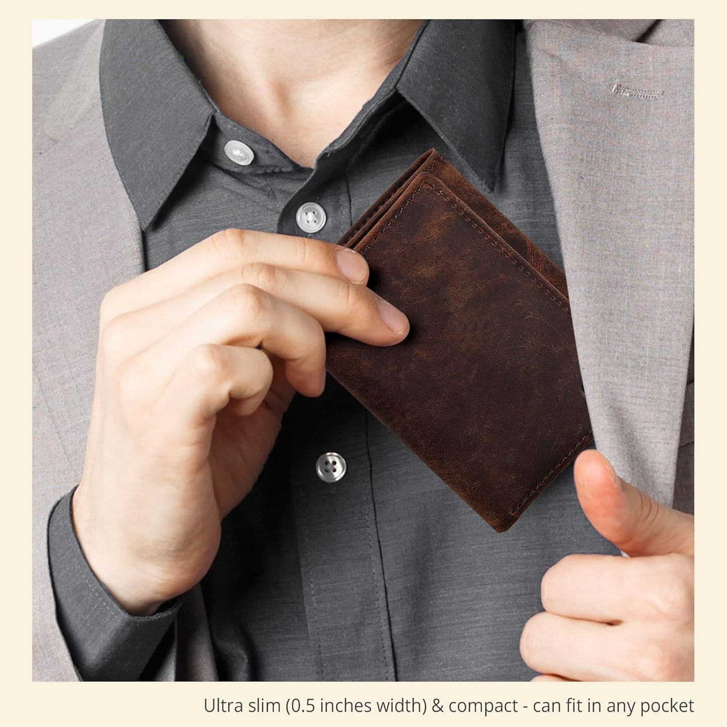 Real Leather Mens Trifold Wallet RFID Blocking Slim Minimalist Front P